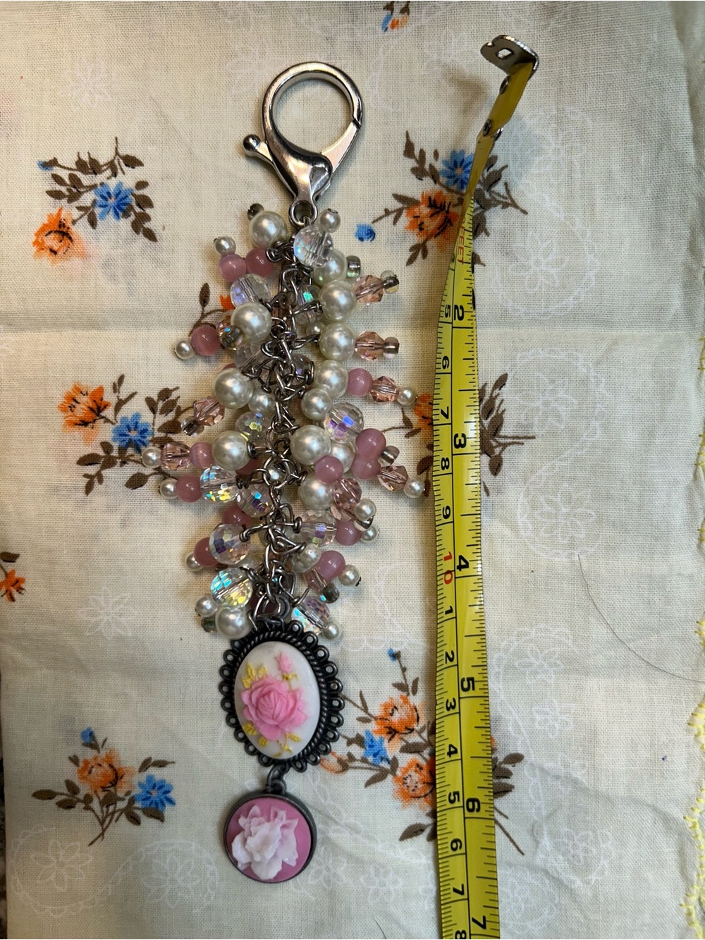 Pink Pearl Cluster Purse Charm Charm with Floral Cameo